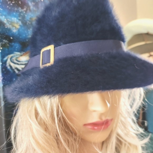 KANGOL Vtg NAVY Furgora Rachel Angora Bucket Hat Buckle England Furry EUVC - Picture 13 of 16